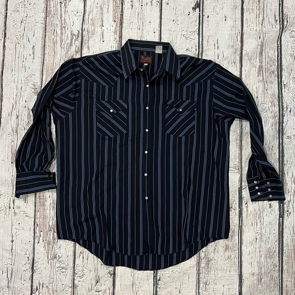 Vintage Plains Striped Black Western Pearl Snap Rockabilly Rancher Shirt - Picture 1 of 5